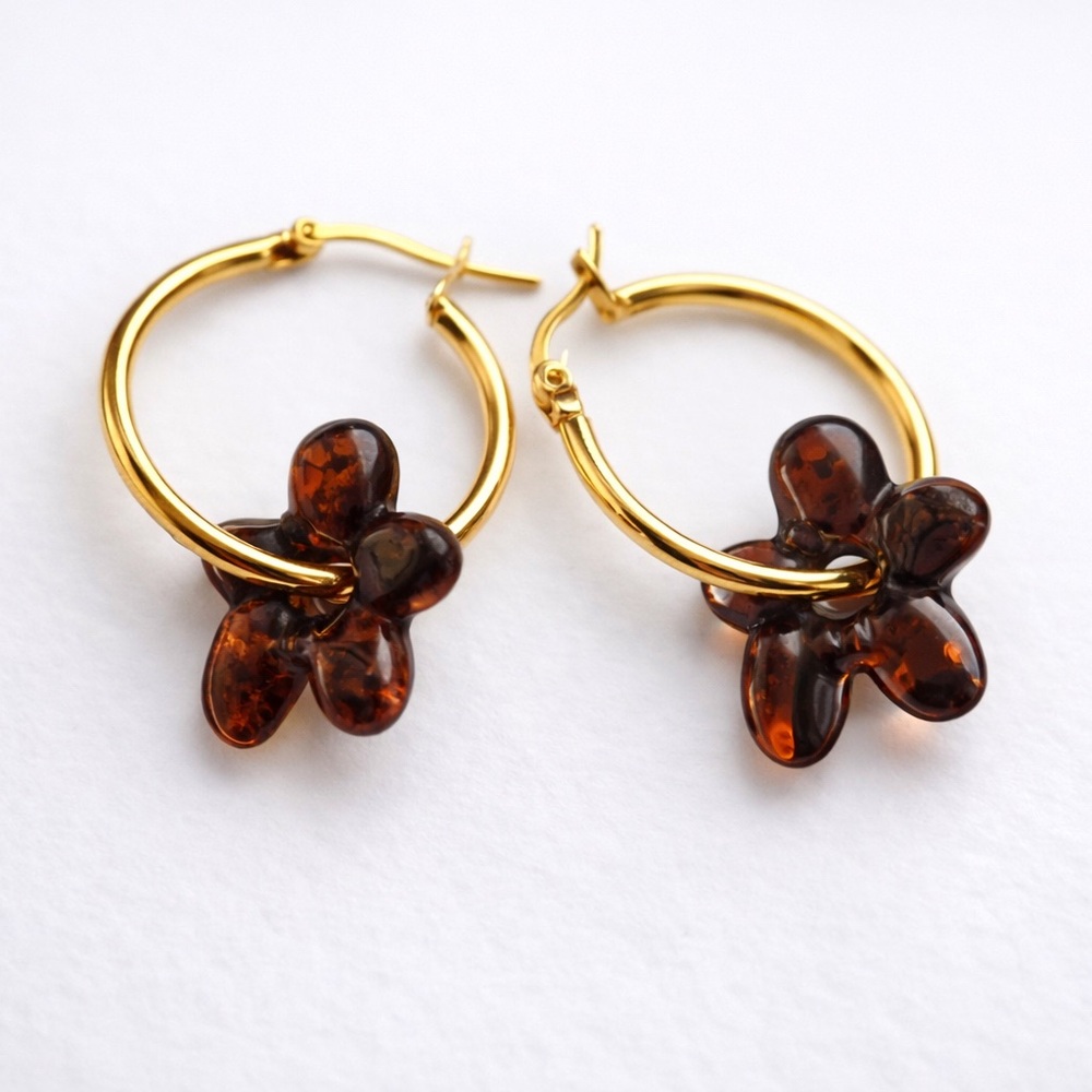 Gold Hoop Earrings with Brown Flower Charms